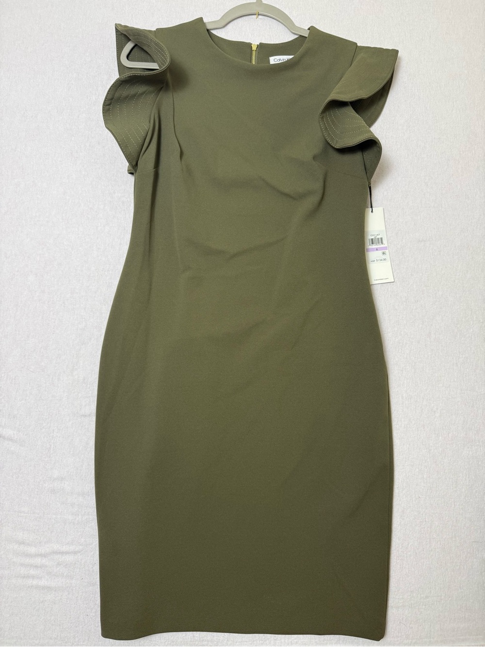 NWT Calvin Klein Women's Ruffle Sleeve Solid Sheath Dress - Olive Green - Size 6